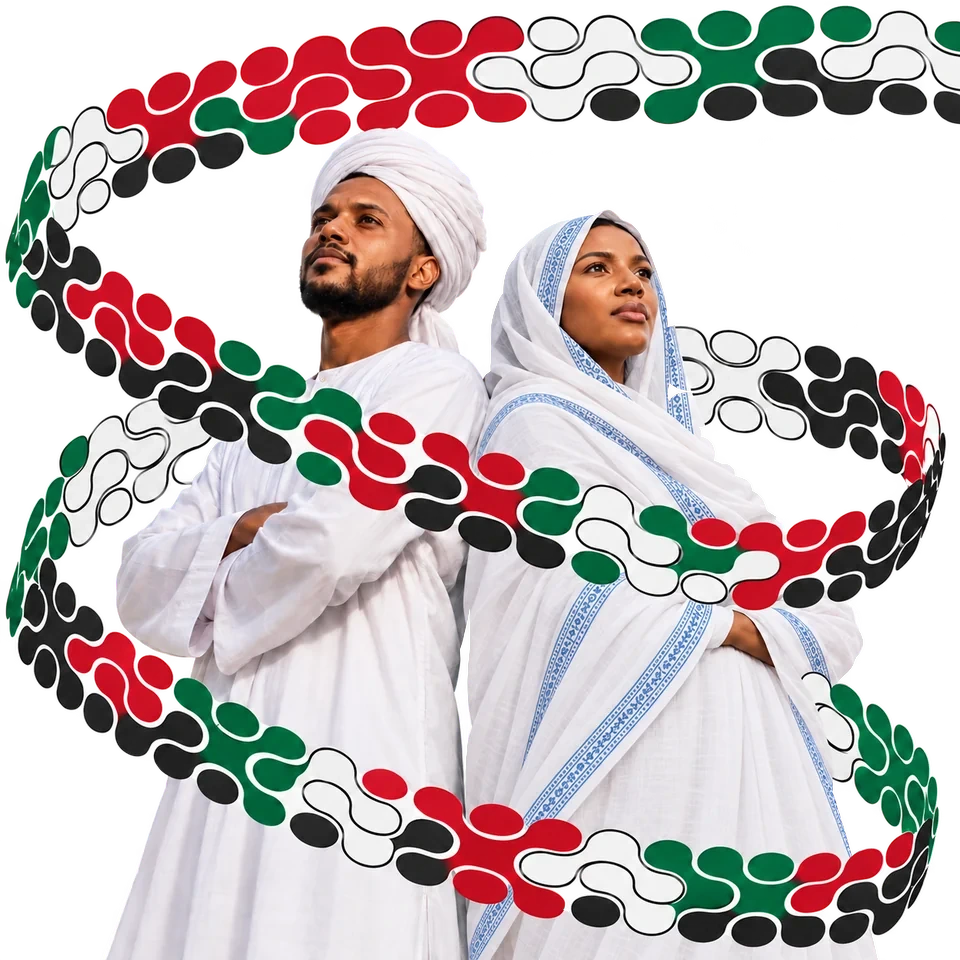 رجل وامرأة بالزي السوداني التقليدي تحيط بهما زخارف بألوان علم السودان